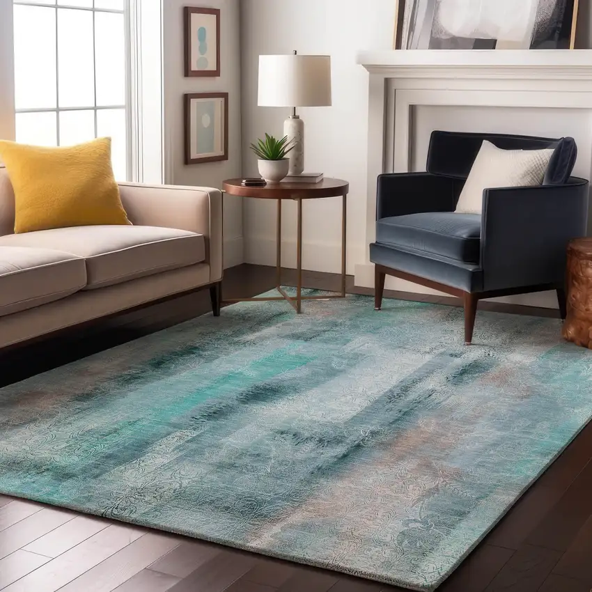 Teal And Ivory Abstract Washable Area Rug With UV Protection Photo 4