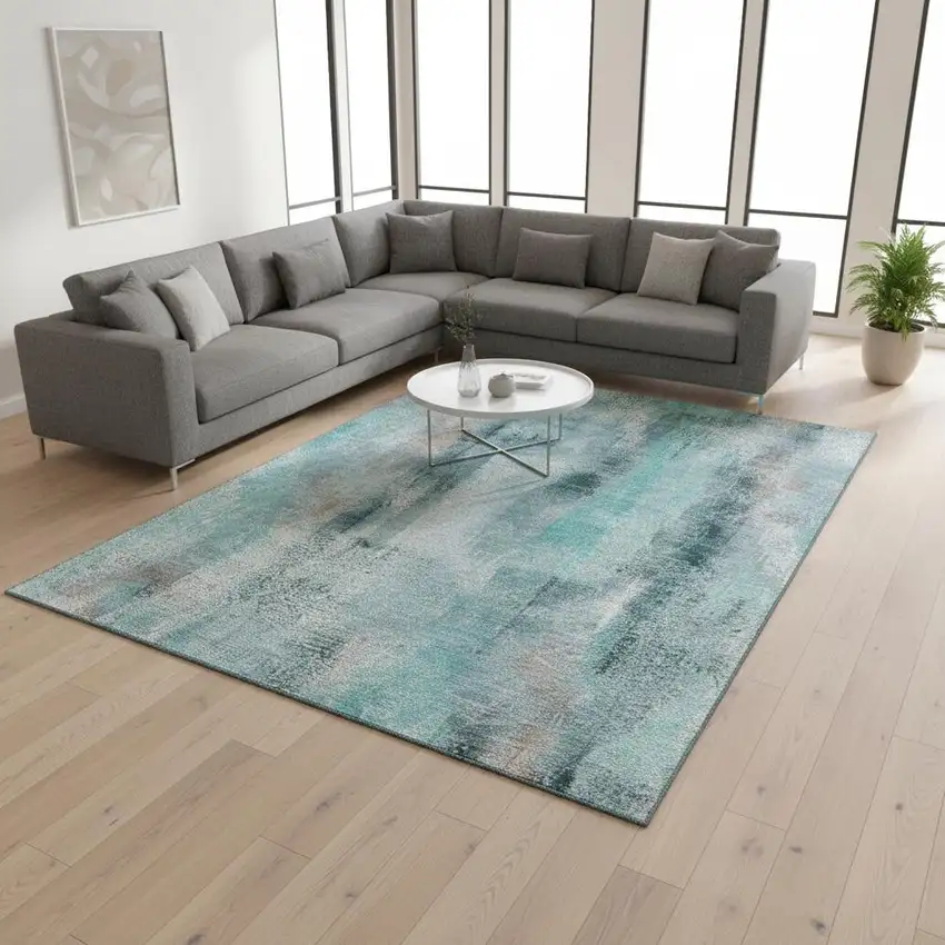 Teal And Ivory Abstract Washable Area Rug With UV Protection Photo 2