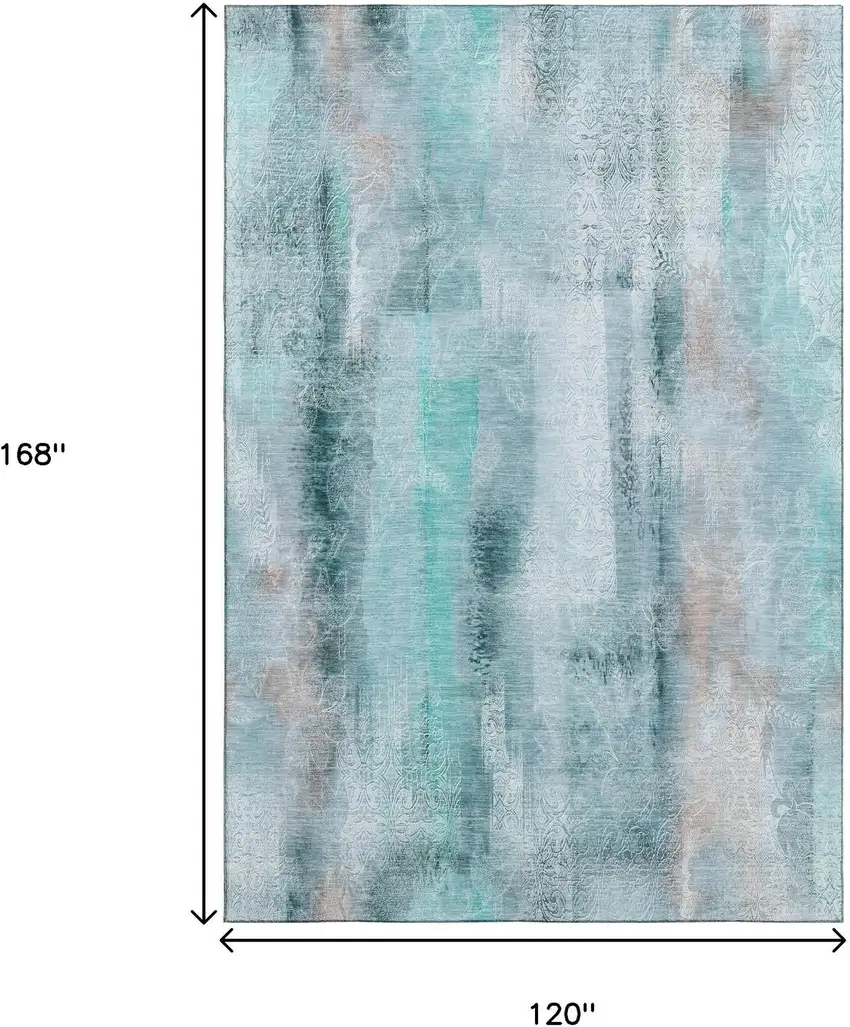 Teal And Ivory Abstract Washable Area Rug With UV Protection Photo 6