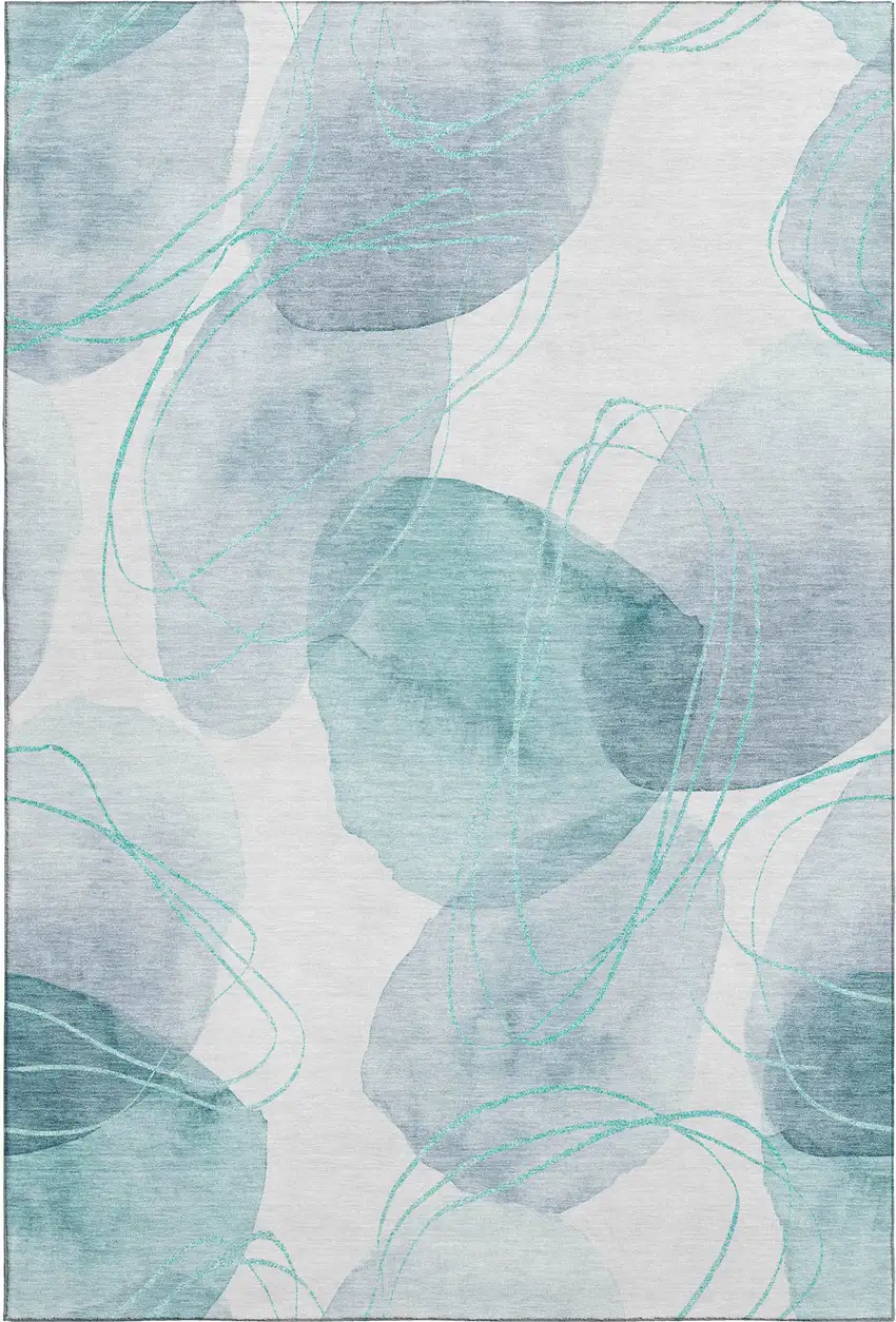 Teal And Ivory Abstract Washable Area Rug With UV Protection Photo 1