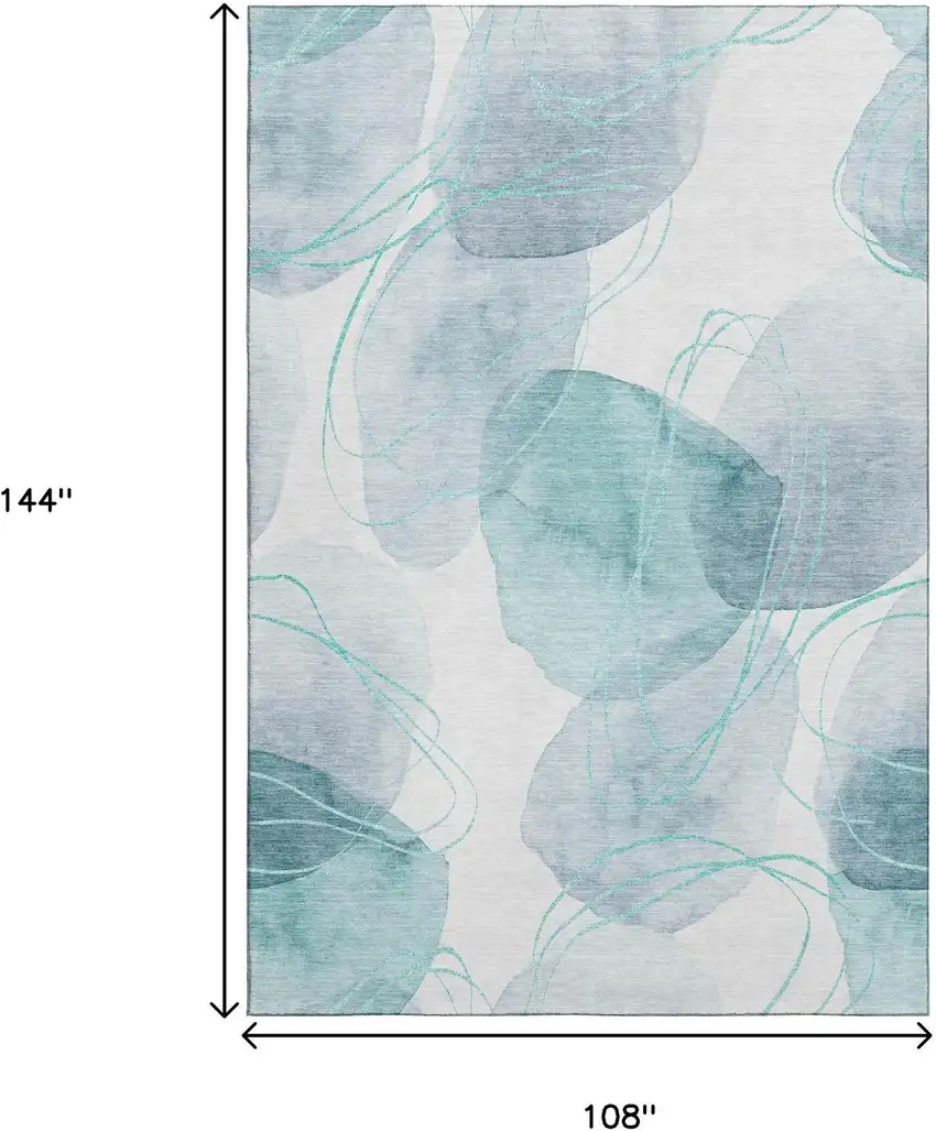 Teal And Ivory Abstract Washable Area Rug With UV Protection Photo 9