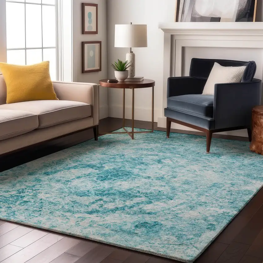 Teal And Ivory Abstract Washable Area Rug With UV Protection Photo 3