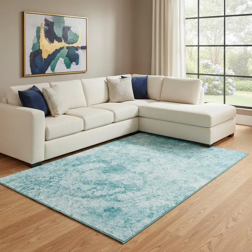 Teal And Ivory Abstract Washable Area Rug With UV Protection Photo 1