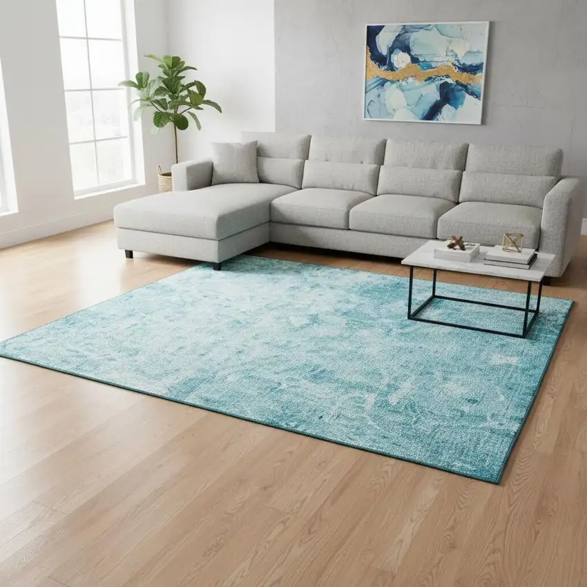 Teal And Ivory Abstract Washable Area Rug With UV Protection Photo 2