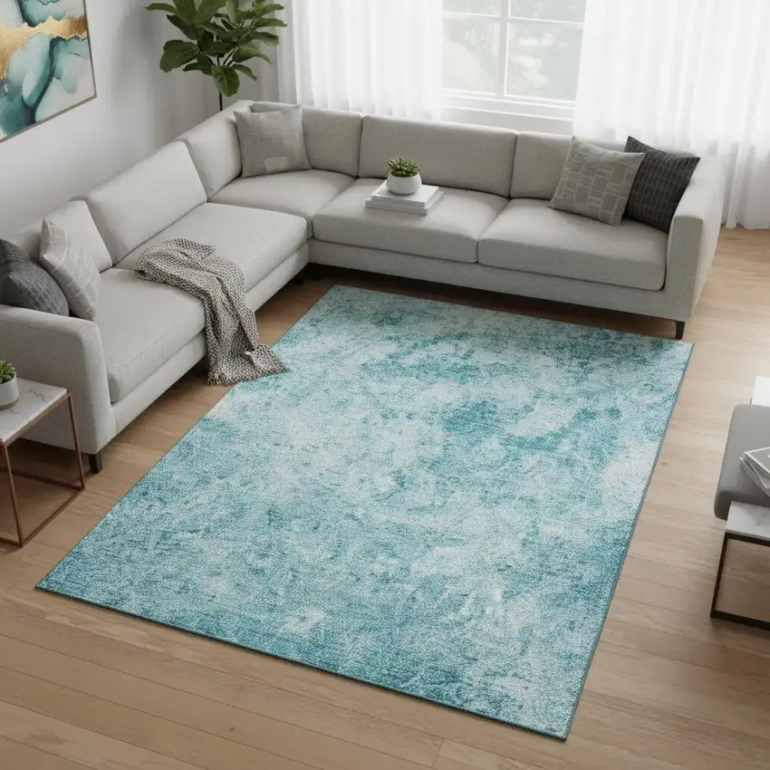 Teal And Ivory Abstract Washable Area Rug With UV Protection Photo 2