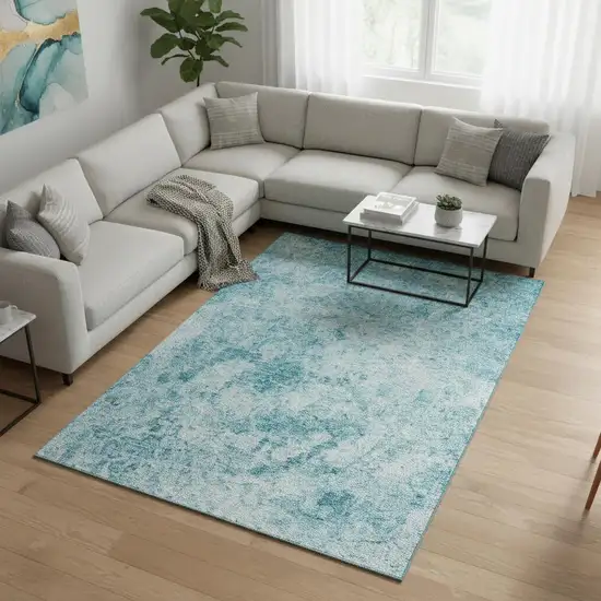 Teal And Ivory Abstract Washable Area Rug With UV Protection Photo 2