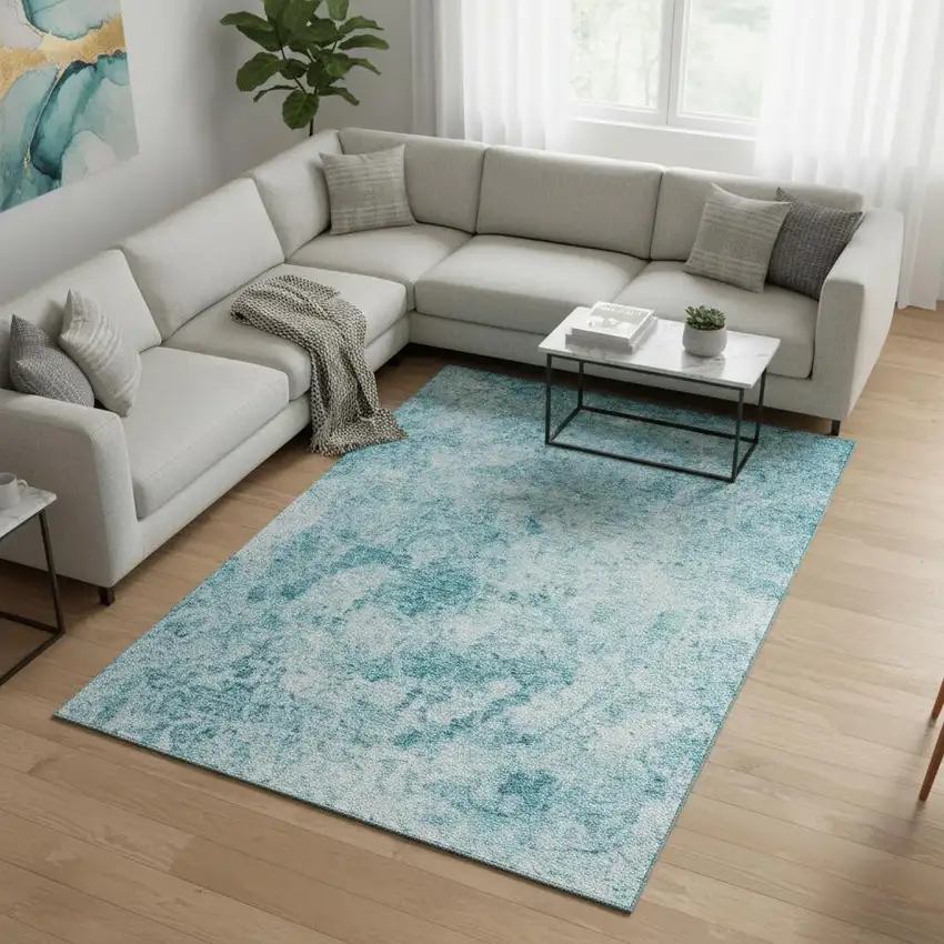 Teal And Ivory Abstract Washable Area Rug With UV Protection Photo 2