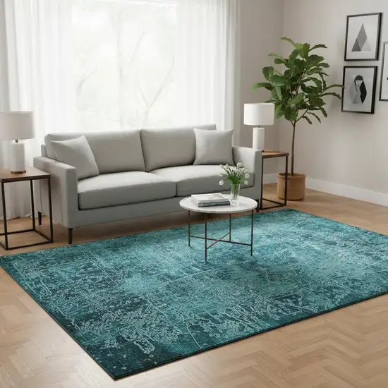 Teal And Ivory Abstract Washable Area Rug With UV Protection Photo 2