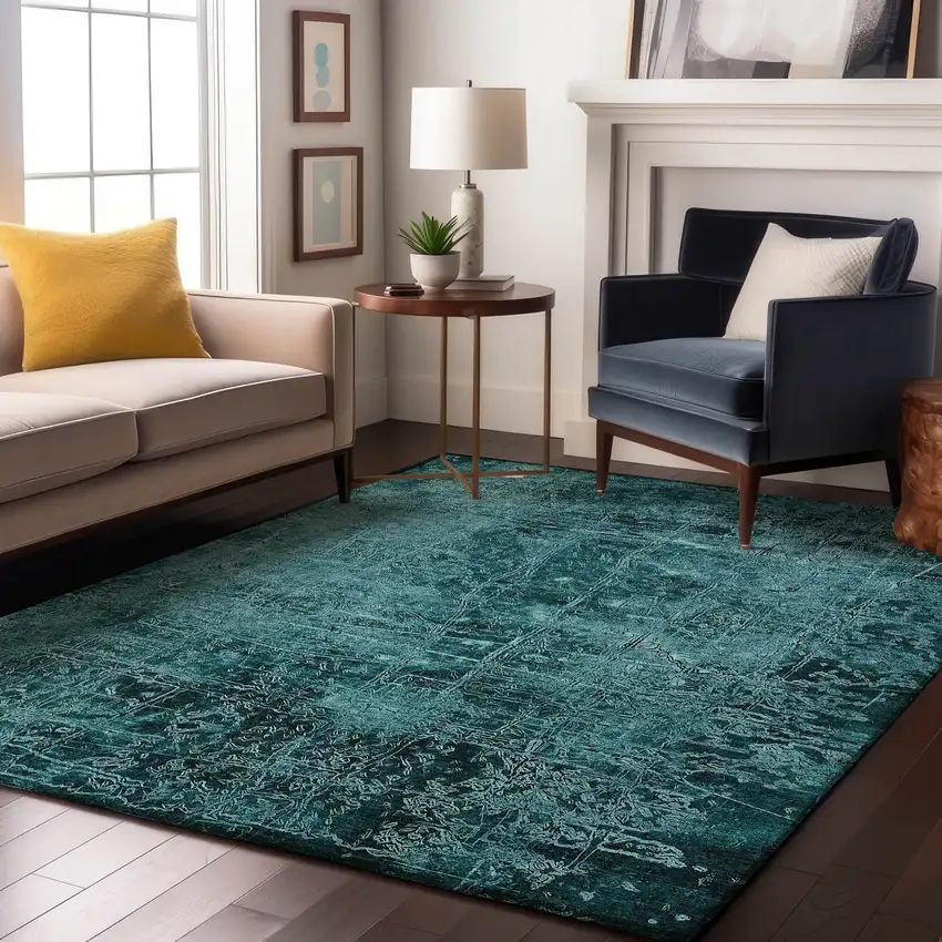 Teal And Ivory Abstract Washable Area Rug With UV Protection Photo 5