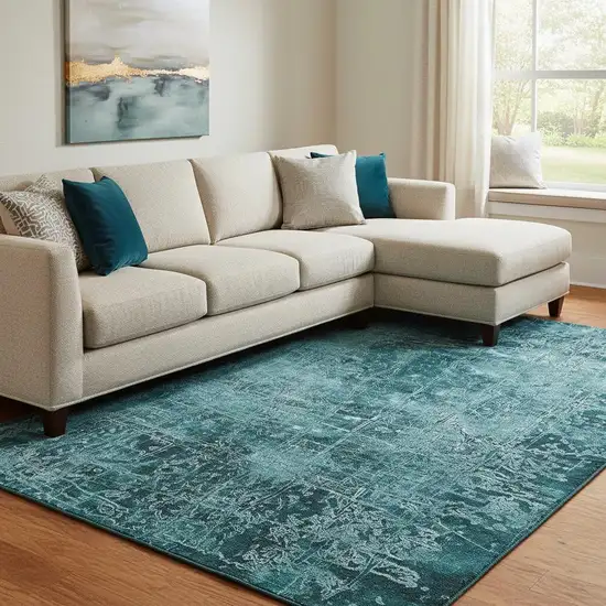 Teal And Ivory Abstract Washable Area Rug With UV Protection Photo 1