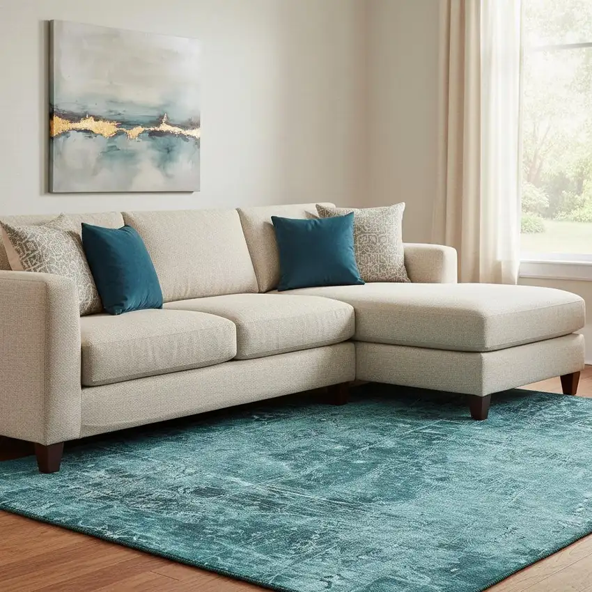 Teal And Ivory Abstract Washable Area Rug With UV Protection Photo 1