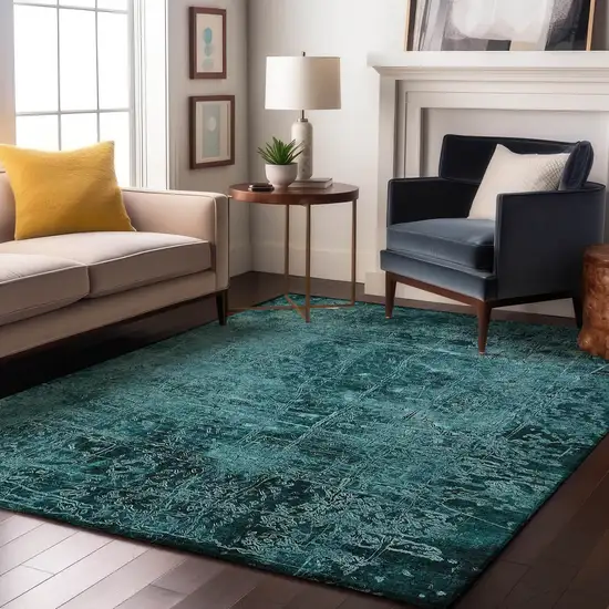 Teal And Ivory Abstract Washable Area Rug With UV Protection Photo 5