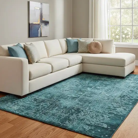 Teal And Ivory Abstract Washable Area Rug With UV Protection Photo 1
