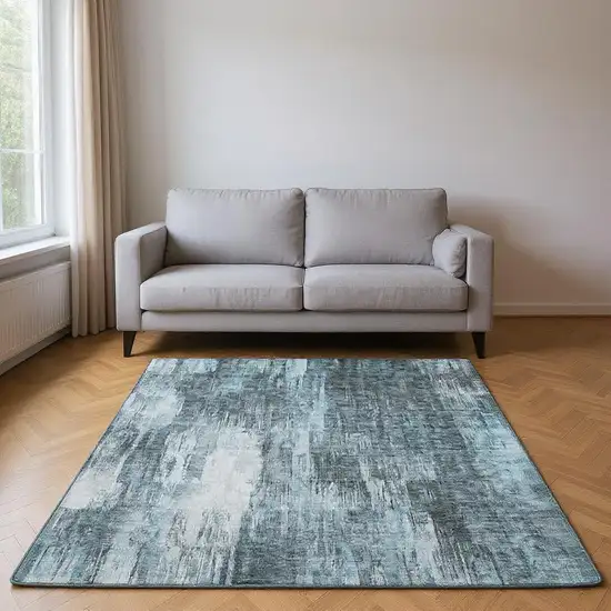 Teal And Ivory Abstract Washable Area Rug With UV Protection Photo 2