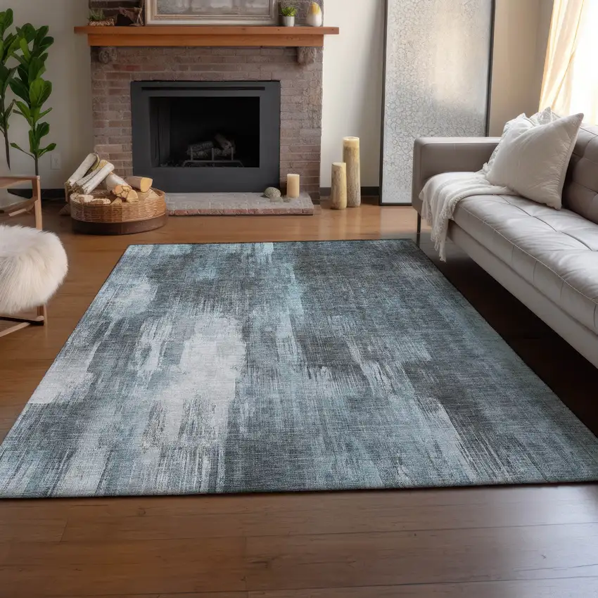 Teal And Ivory Abstract Washable Area Rug With UV Protection Photo 4