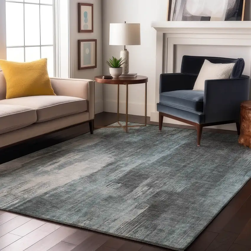 Teal And Ivory Abstract Washable Area Rug With UV Protection Photo 4