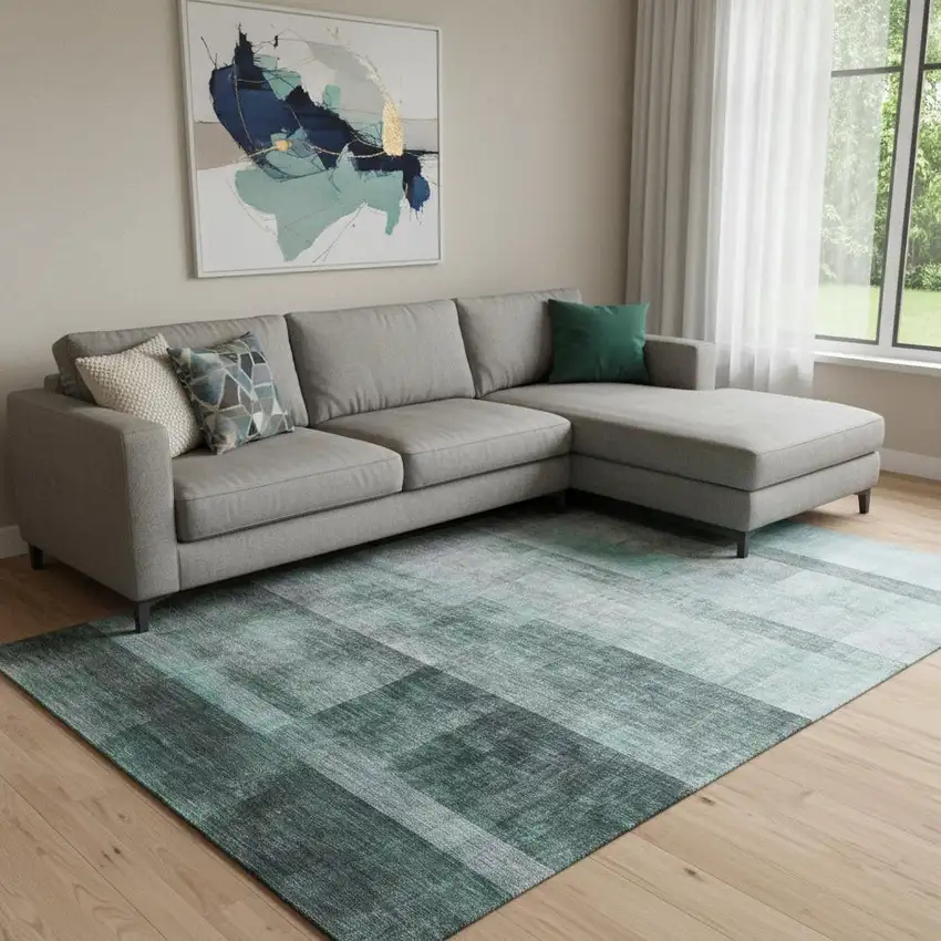 Teal And Ivory Abstract Washable Area Rug With UV Protection Photo 1