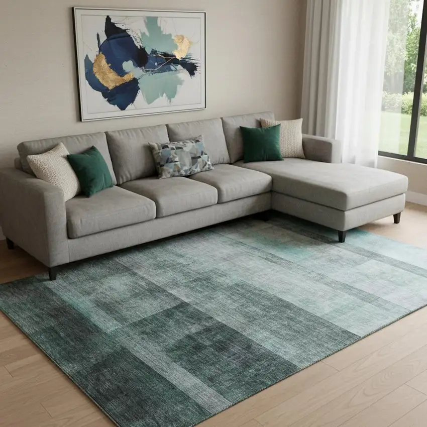 Teal And Ivory Abstract Washable Area Rug With UV Protection Photo 1