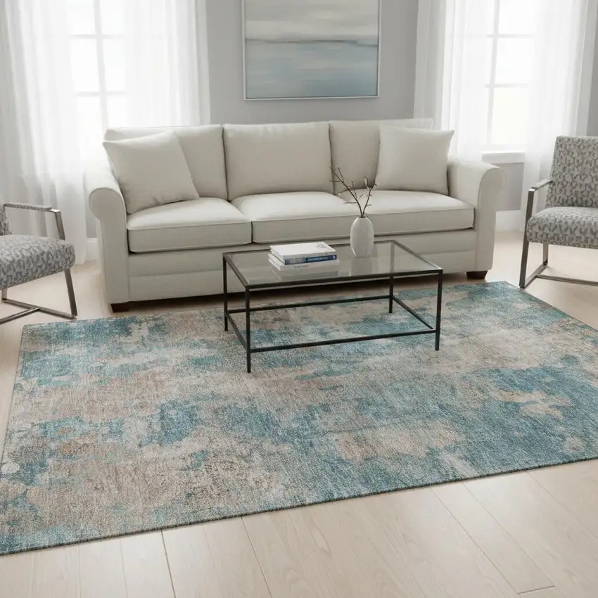 Teal And Ivory Abstract Washable Area Rug With UV Protection Photo 2