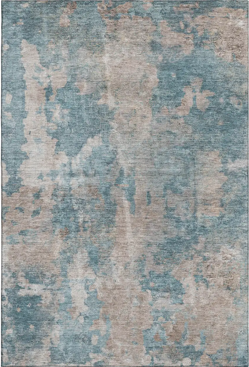 Teal And Ivory Abstract Washable Area Rug With UV Protection Photo 1
