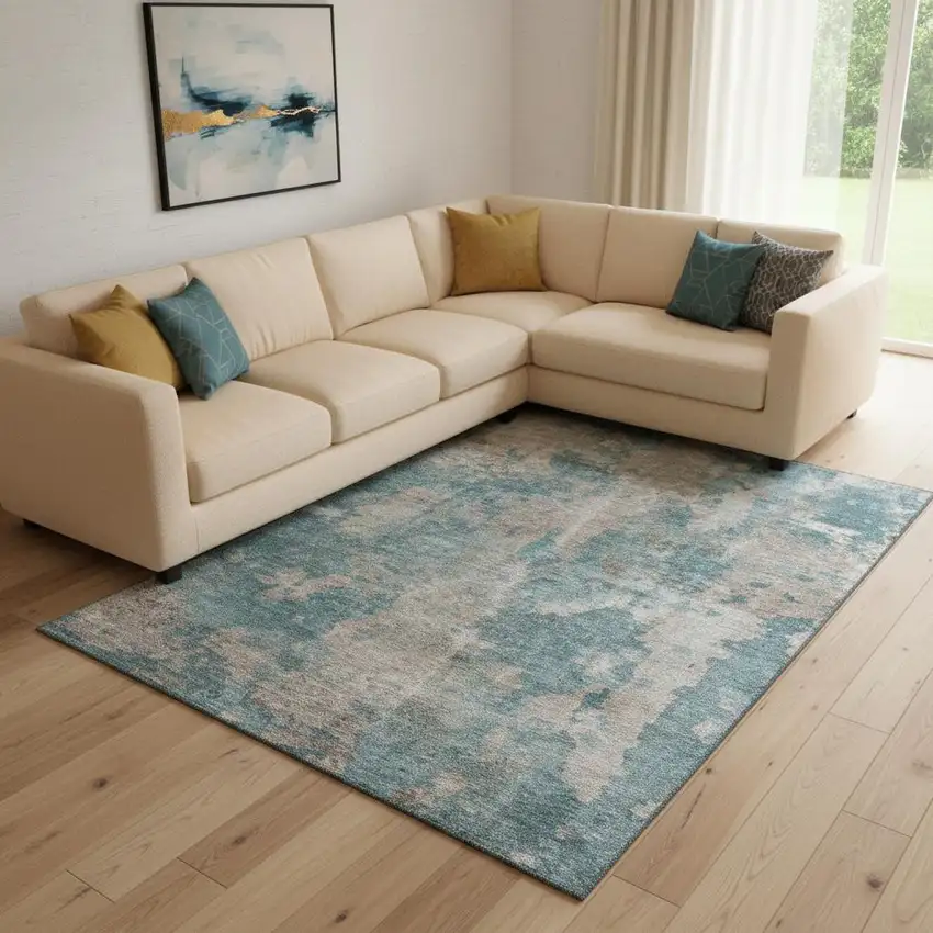 Teal And Ivory Abstract Washable Area Rug With UV Protection Photo 1