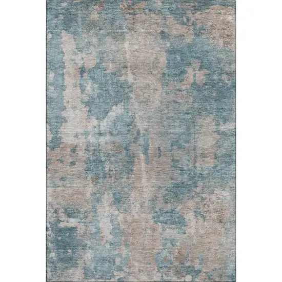 Teal And Ivory Abstract Washable Area Rug With UV Protection Photo 1