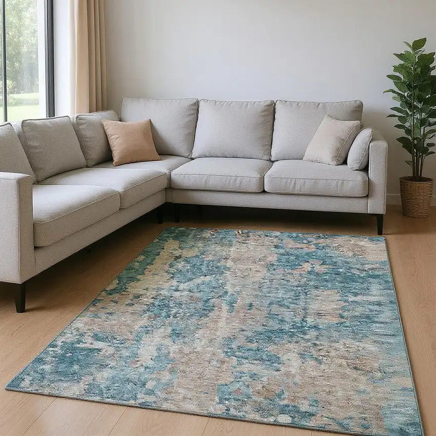 Teal And Ivory Abstract Washable Area Rug With UV Protection Photo 2