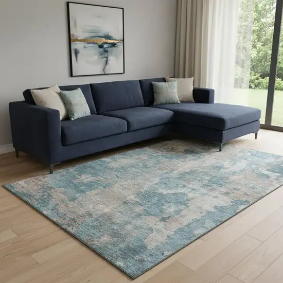 Teal And Ivory Abstract Washable Area Rug With UV Protection Photo 1