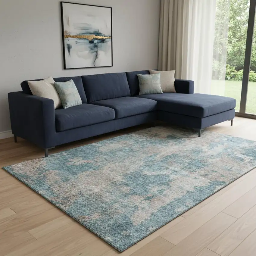 Teal And Ivory Abstract Washable Area Rug With UV Protection Photo 1