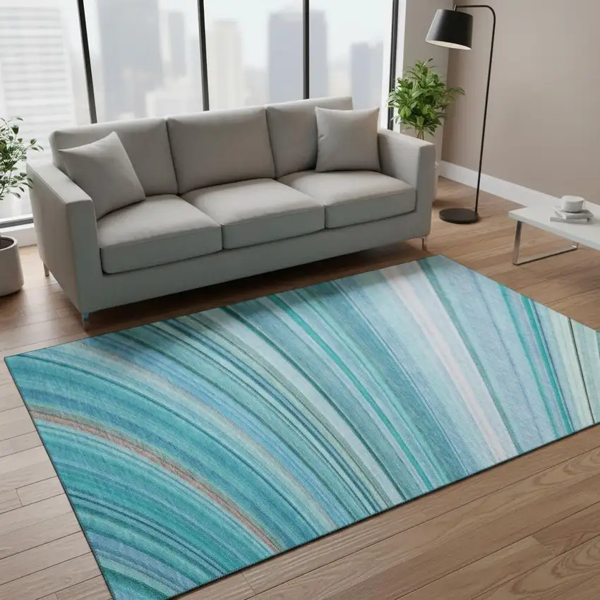 Teal And Ivory Abstract Washable Area Rug With UV Protection Photo 2