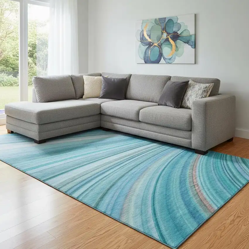 Teal And Ivory Abstract Washable Area Rug With UV Protection Photo 1