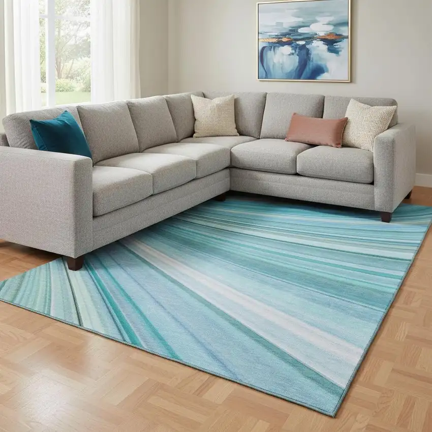 Teal And Ivory Abstract Washable Area Rug With UV Protection Photo 1
