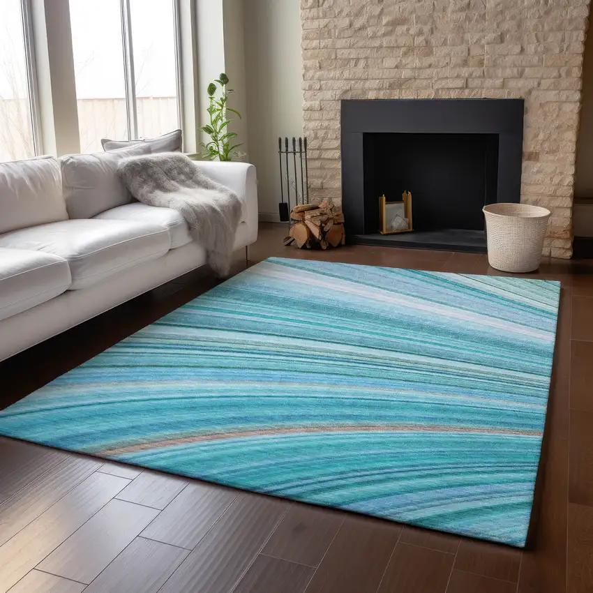 Teal And Ivory Abstract Washable Area Rug With UV Protection Photo 9