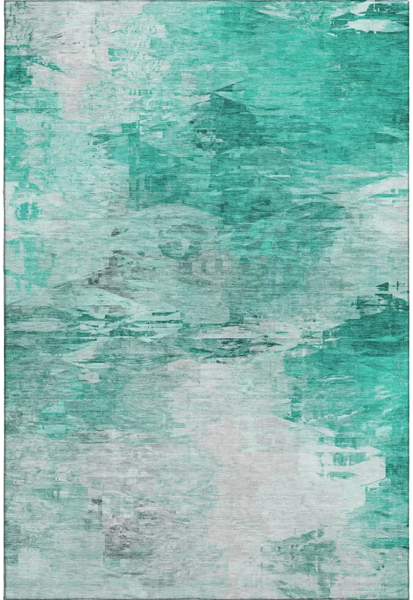 Teal And Ivory Abstract Washable Area Rug With UV Protection Photo 2