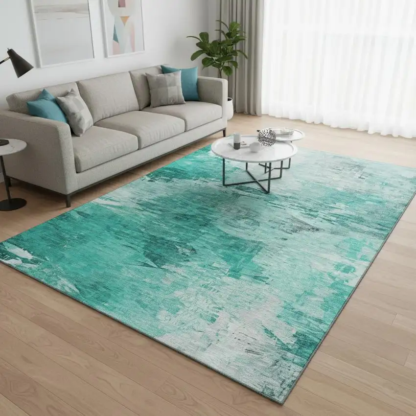 Teal And Ivory Abstract Washable Area Rug With UV Protection Photo 2