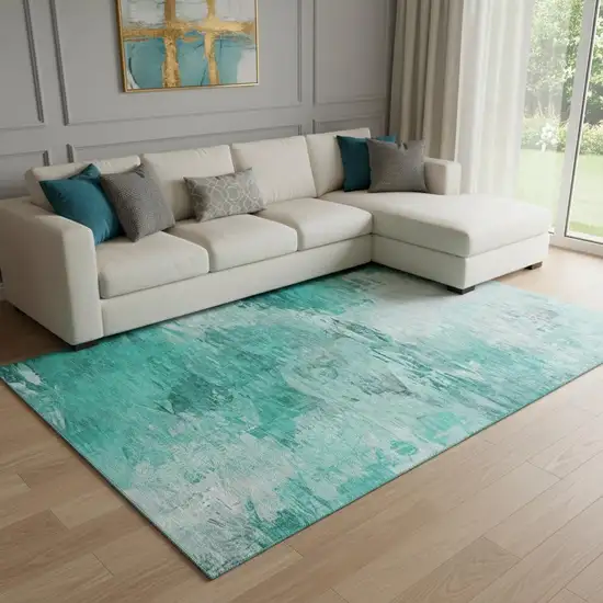 Teal And Ivory Abstract Washable Area Rug With UV Protection Photo 1
