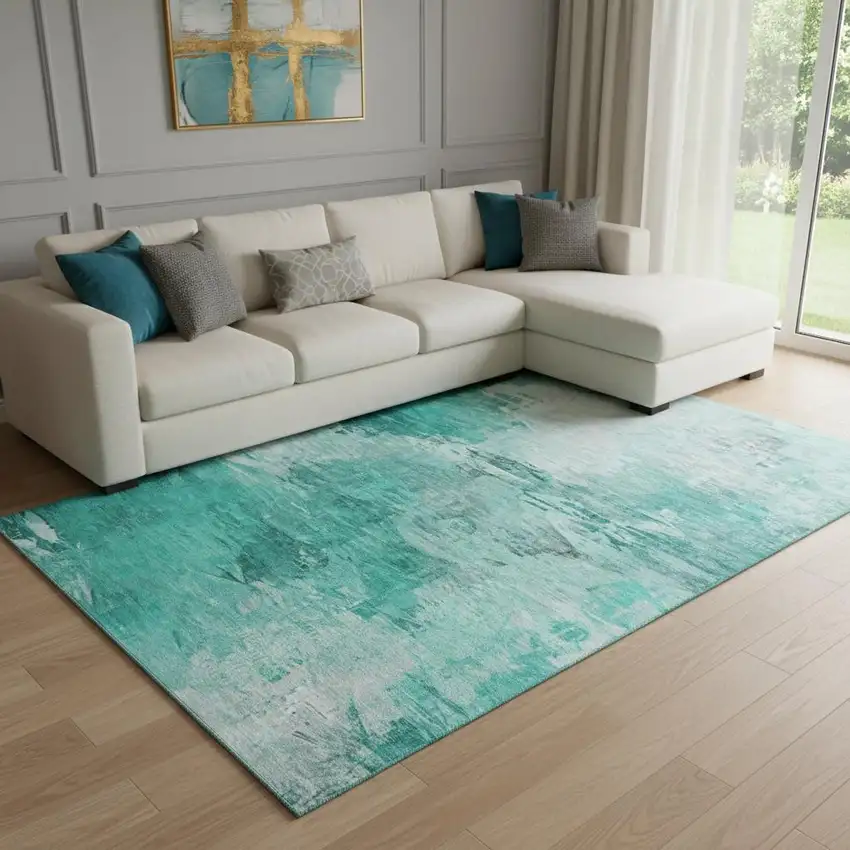 Teal And Ivory Abstract Washable Area Rug With UV Protection Photo 1