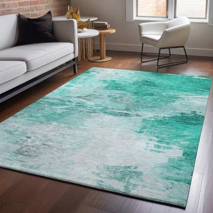 Teal And Ivory Abstract Washable Area Rug With UV Protection Photo 5