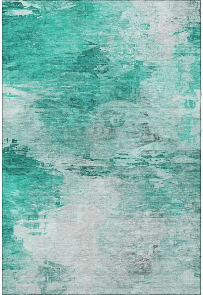 Teal And Ivory Abstract Washable Area Rug With UV Protection Photo 4