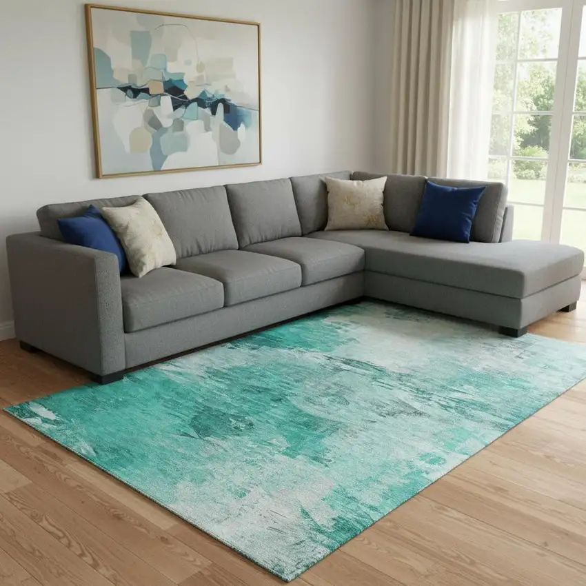 Teal And Ivory Abstract Washable Area Rug With UV Protection Photo 1