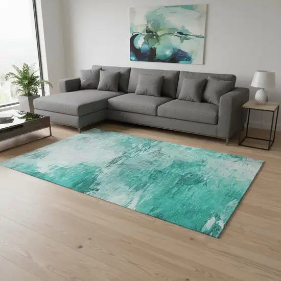 Teal And Ivory Abstract Washable Area Rug With UV Protection Photo 2