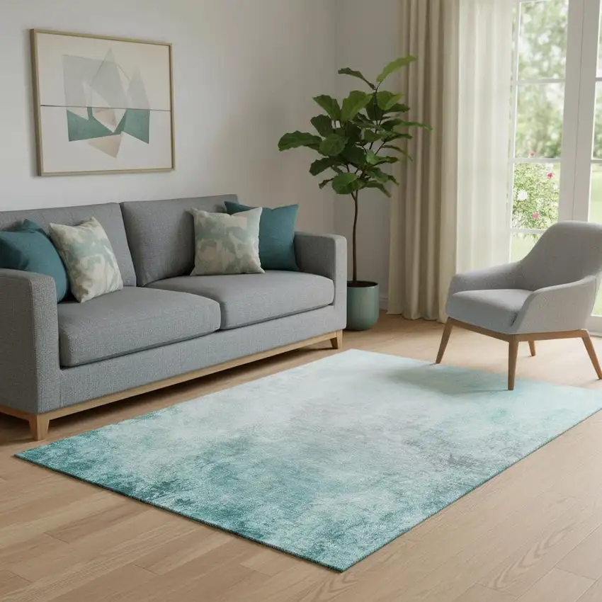 Teal And Ivory Abstract Washable Area Rug With UV Protection Photo 1