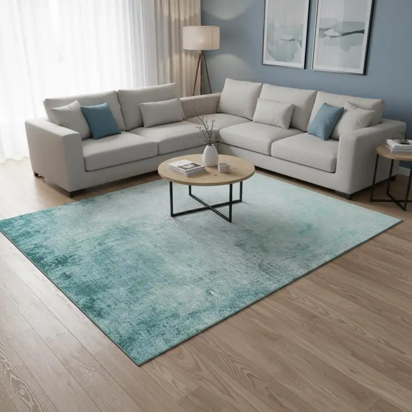 Teal And Ivory Abstract Washable Area Rug With UV Protection Photo 2