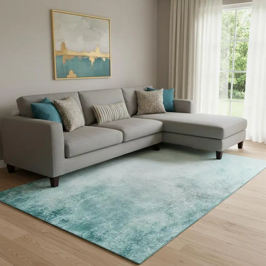 Teal And Ivory Abstract Washable Area Rug With UV Protection Photo 1