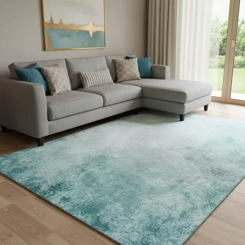 Teal And Ivory Abstract Washable Area Rug With UV Protection Photo 1
