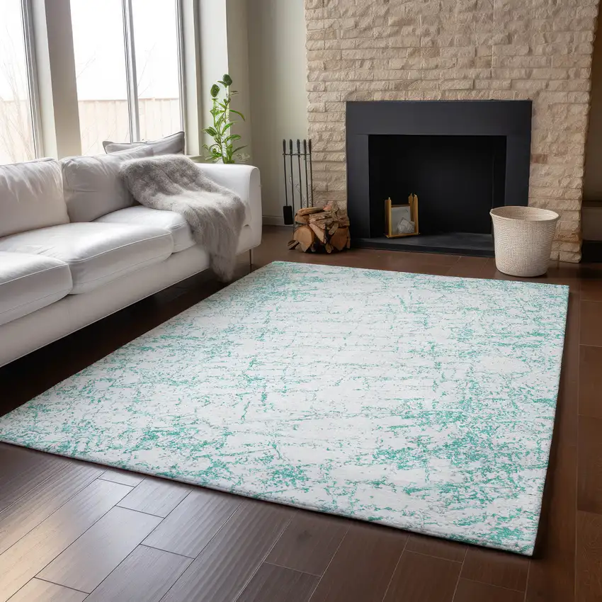 Teal And Ivory Abstract Washable Area Rug With UV Protection Photo 4