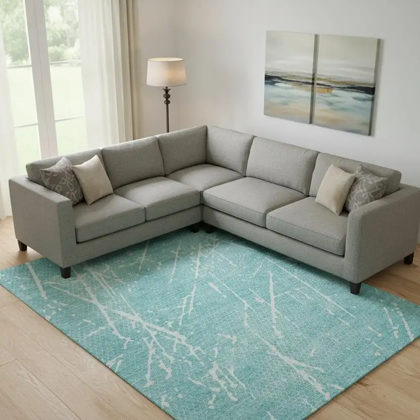 Teal And Ivory Abstract Washable Area Rug With UV Protection Photo 1
