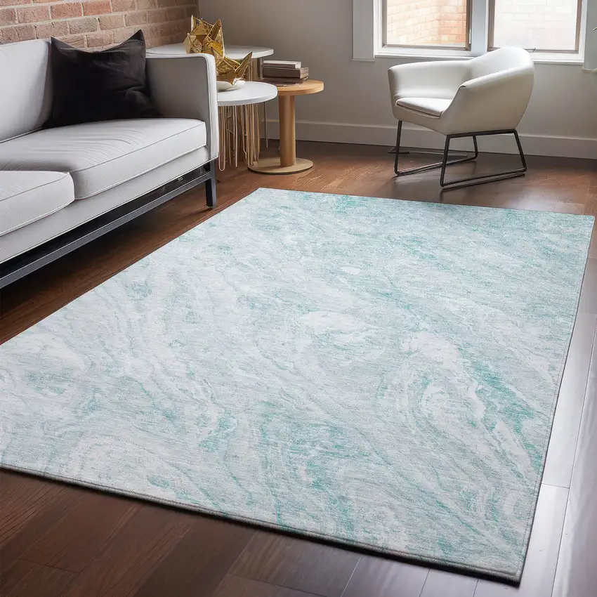 Teal And Ivory Abstract Washable Area Rug With UV Protection Photo 5