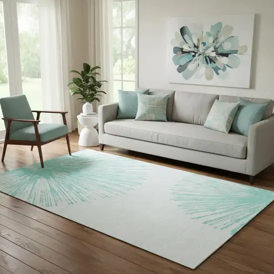 Teal And Ivory Abstract Washable Area Rug With UV Protection Photo 2