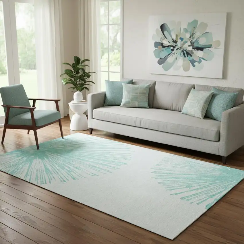 Teal And Ivory Abstract Washable Area Rug With UV Protection Photo 2